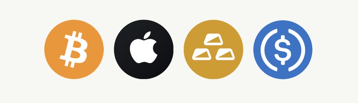 Asset types - Bitcoin, Apple Stock, Gold, and US Dollar